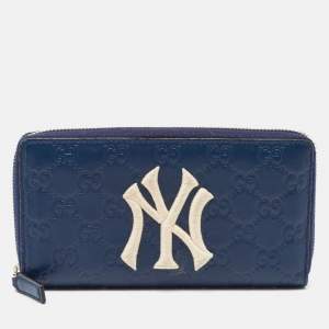 Gucci Blue Guccissima Leather NY Yankees Patch Zip Around Wallet