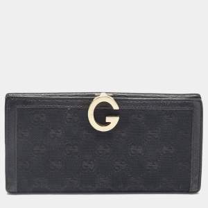 Gucci Black GG Canvas and Leather G Bit Flap Continental Wallet