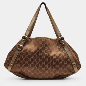 Pre Owned Gucci Bronze/Gold GG Fabric and Leather Medium Abbey Hobo