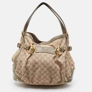 Pre Owned Gucci Grey/Beige GG Canvas and Leather Horsebit Jockey Hobo