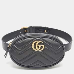 Pre Owned Gucci Black Matelassé Leather GG Marmont Belt Bag