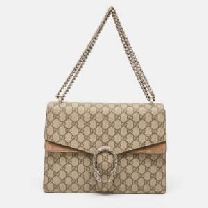 Pre Owned Gucci Beige GG Supreme Canvas and Suede Medium Dionysus Shoulder Bag