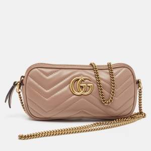 Pre Owned Gucci Old Rose Matelassé Leather Mini GG Marmont Camera Bag