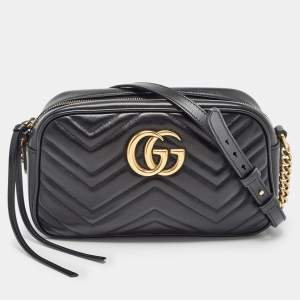 Pre Owned Gucci Black Matelassé Leather Small GG Marmont Shoulder Bag