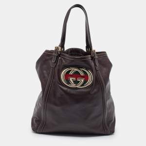 Pre Owned Gucci Brown Leather Large Britt Tote