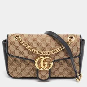 Gucci Beige/Black Diagonal Quilted GG Canvas and Leather Small GG Marmont Shoulder Bag