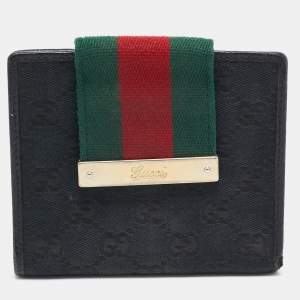 Gucci Black GG Canvas and Leather Web Flap French Wallet