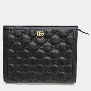 Pre Owned Gucci Black Leather GG Clutch 
