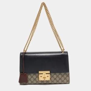 Pre Owned Gucci Beige/Black GG Supreme Canvas and Leather Medium Padlock Shoulder Bag