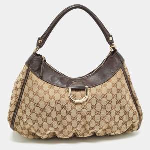 Pre Owned Gucci Beige/Black GG Canvas and Leather Abbey D-Ring Hobo
