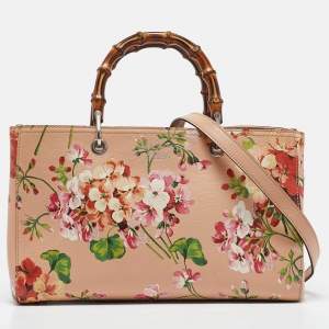 Pre Owned Gucci Peach Leather Medium Blooms Bamboo Shopper Tote