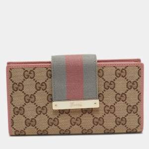 Gucci Pink/Beige GG Canvas and Leather Web Flap Continental Wallet