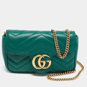 Pre Owned Gucci Green Matelassé Leather GG Marmont Super Mini Shoulder Bag