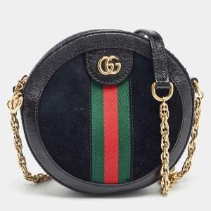 Pre Owned Gucci Black Leather and Suede Mini Web Ophidia Round Shoulder Bag