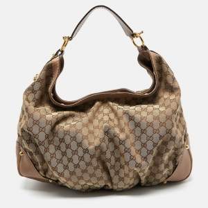 Gucci Beige/Brown GG Canvas and Leather Large Jockey Hobo