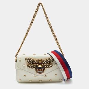 Pre Owned Gucci Off White Leather Mini Faux Pearl Studded Broadway Bee Shoulder Bag