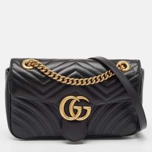 Pre Owned Gucci Black Matelassé Leather Small GG Marmont Shoulder Bag