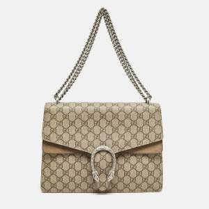 Pre Owned Gucci Beige GG Supreme Canvas and Suede Medium Dionysus Shoulder Bag
