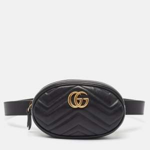 Pre Owned Gucci Black Matelassé Leather GG Marmont Belt Bag