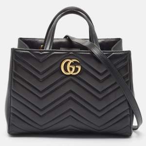Pre Owned Gucci Black Matelasse Leather Small GG Marmont Tote