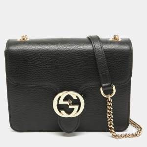 Pre Owned حقيبة كروس غوتشي دولار جلد سوداء حرف جي متشابك