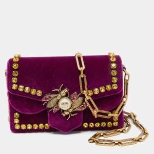 Gucci Purple Velvet Mini Pearly Bee Crystal Embellished Broadway Shoulder Bag