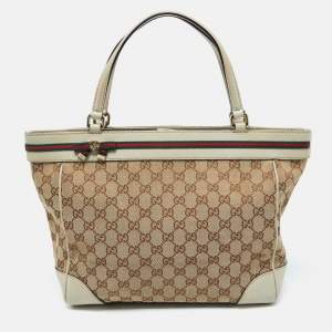 Pre Owned Gucci Brown/Beige GG Canvas and Leather Medium Mayfair Bow Tote