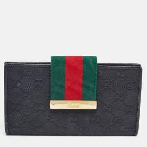 Gucci Black GG Canvas and Leather Web Flap Wallet