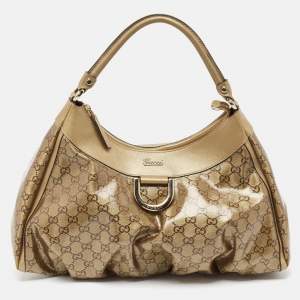 Gucci Beige/Gold GG Crystal Canvas Large D Ring Hobo