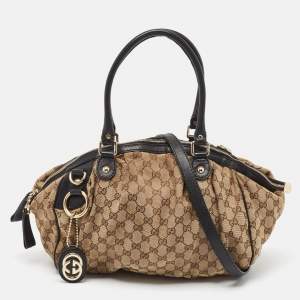 Pre Owned Gucci Black/Beige GG Canvas and Leather Medium Sukey Bag