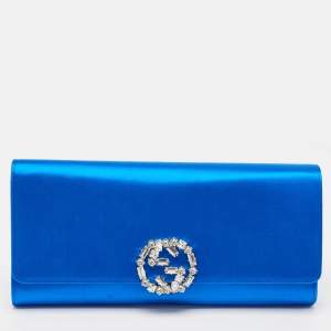 Gucci Royal Blue Satin GG Crystals Broadway Clutch