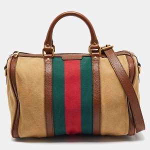 Pre Owned Gucci Brown/Tan Canvas Medium Vintage Web Boston Bag