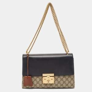 Gucci Beige/Black GG Supreme Canvas and Leather Medium Padlock Shoulder Bag