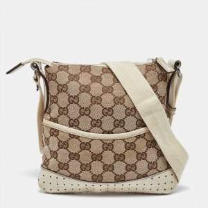 Pre Owned Gucci Beige GG Canvas and Leather Crossbody Bag