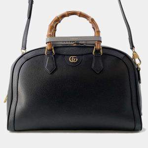 Gucci  Black/Dusty Grey Textured Dollar Calfskin Web Large Diana Duffle Bag