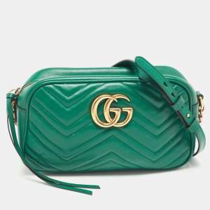 Gucci Green Matelassé Leather Small GG Marmont Shoulder Bag