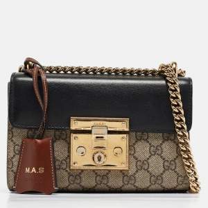 Gucci Black/Beige GG Supreme Canvas and Leather Small Padlock Shoulder Bag