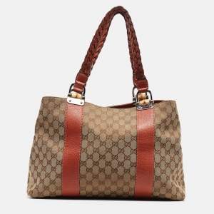 Pre Owned Gucci Beige/Brick Orange GG Canvas Medium Bamboo Bar Tote