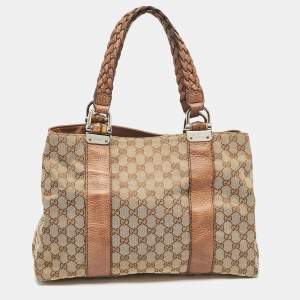 Gucci Beige/Brown GG Canvas and Leather Medium Bamboo Bar Tote