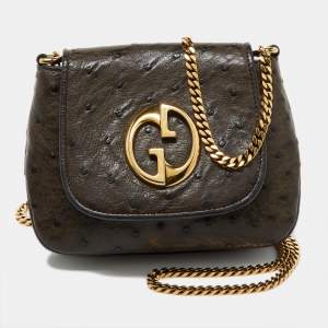 Pre Owned Gucci Olive Green Ostrich 1973 Crossbody Bag