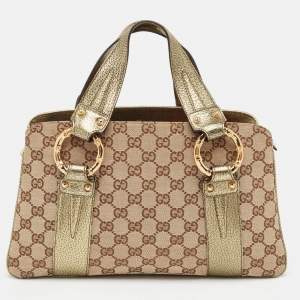 Pre Owned Gucci Metallic/Beige GG Canvas and Leather Bamboo Ring Satchel