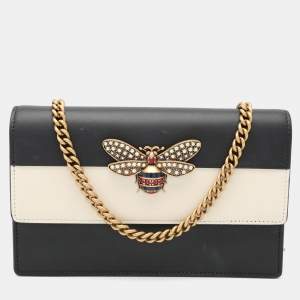 Gucci Black/White Leather Queen Margaret Wallet On Chain