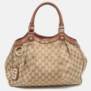 مملوكة مسبقًا Gucci Beige/Brown GG Canvas and Leather Medium Sukey Tote