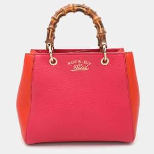 Pre Owned Gucci Pink/Orange Leather Mini Bamboo Tote