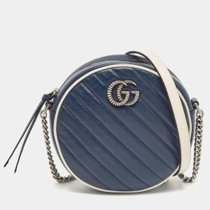 Pre Owned Gucci Navy Blue/White Diagonal Quilt Leather GG Marmont Torchon Round Shoulder Bag