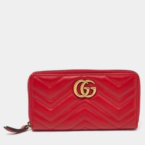 Gucci Red Matelasse Leather GG Marmont Zip Around Wallet