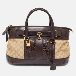 مملوكة مسبقًا Gucci Beige/Brown GG Canvas, Crocodile and Leather Secret Tote