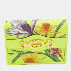 Gucci Neon Yellow Floral Print Canvas and Leather Zumi Card Holder