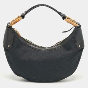 Pre Owned Gucci Black GG Canvas and Leather Bamboo Ring Hobo