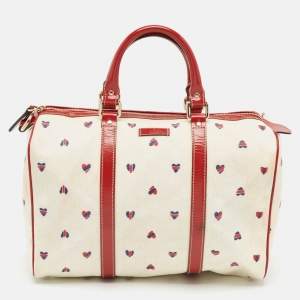 Pre Owned Gucci Red/White Heart Print GG Canvas and Leather Joy Boston Bag 